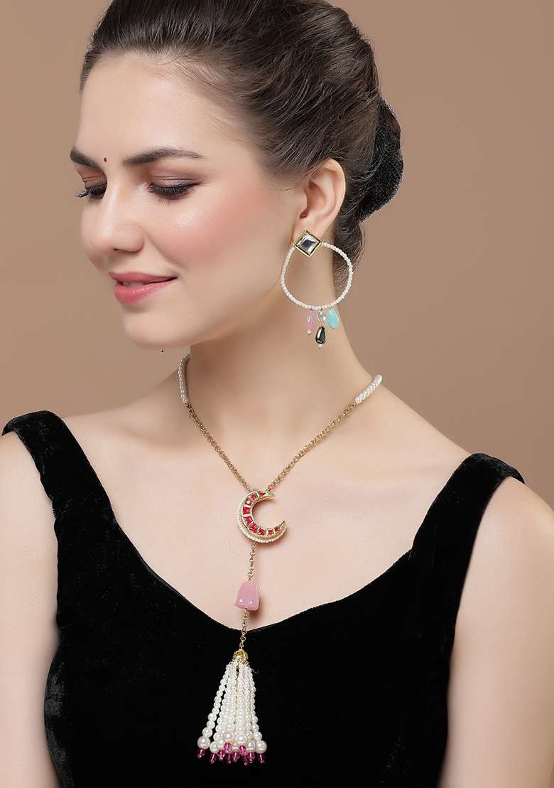 Pink And Blue Gold Plated Kundan Pearl Chandbali Earrings - Indya