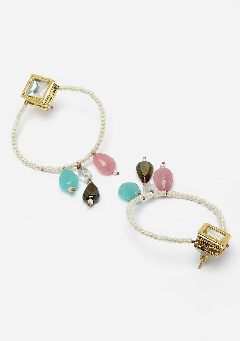Pink And Blue Gold Plated Kundan Pearl Chandbali Earrings - Indya