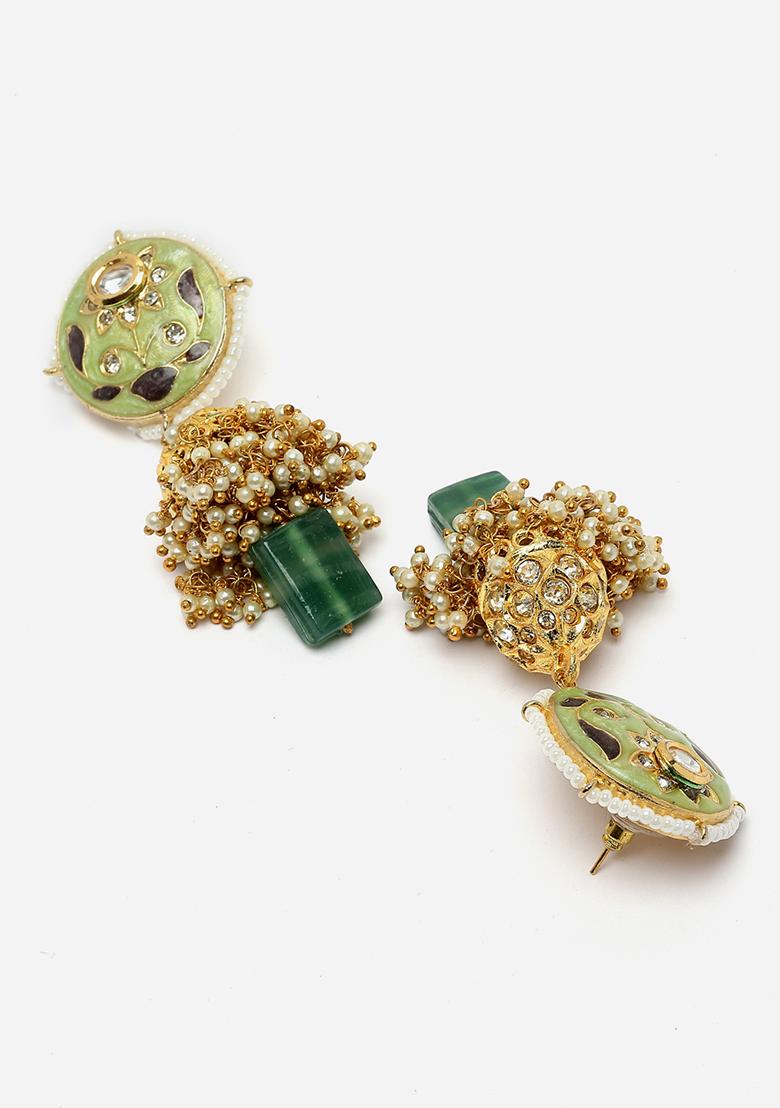 Green And Grey Gold Plated Kundan American Diamond Jhumka Earrings - Indya