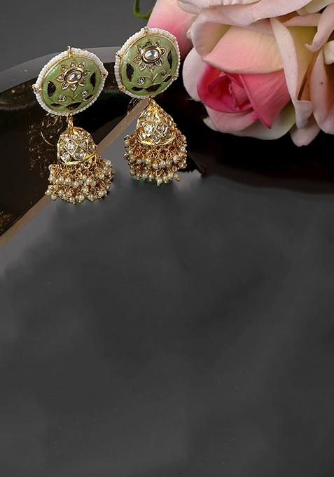 Green And Grey Gold Plated Kundan American Diamond Jhumka Earrings