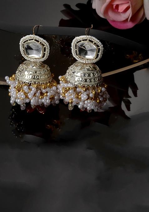 Silver And Red Gold Plated Kundan American Diamond Jhumka Earrings