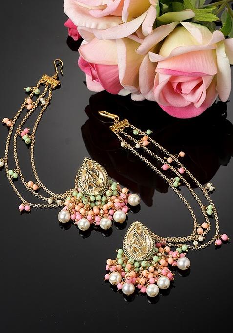 Pink And Peach Gold Plated Kundan Pearl Drop Earrings