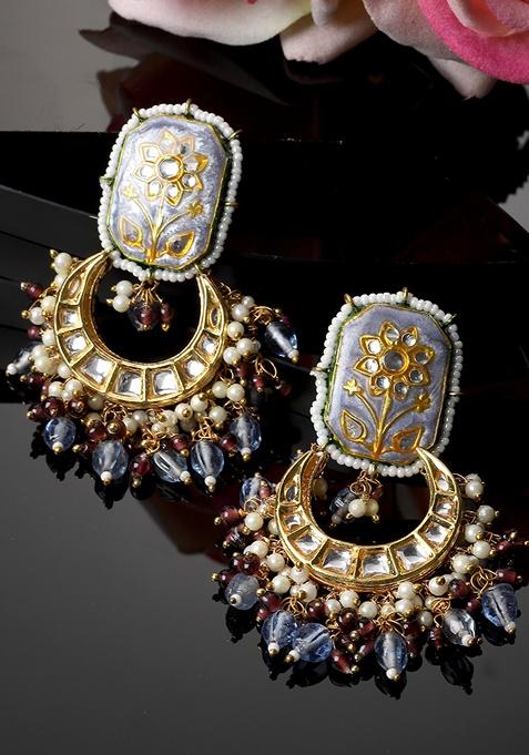 Blue And Brown Gold Plated Kundan Pearl Drop Earrings