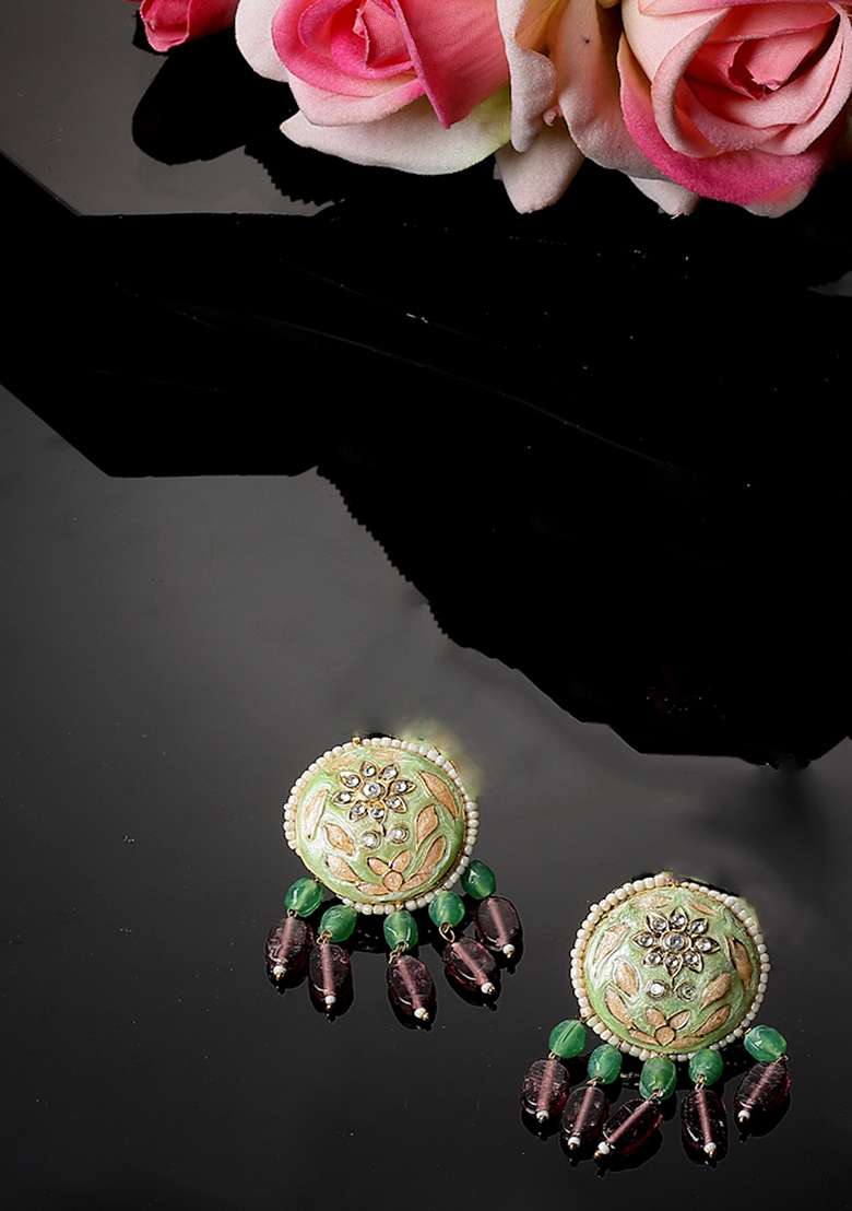 Green And Peach Gold Plated Kundan Pearl Drop Earrings - Indya