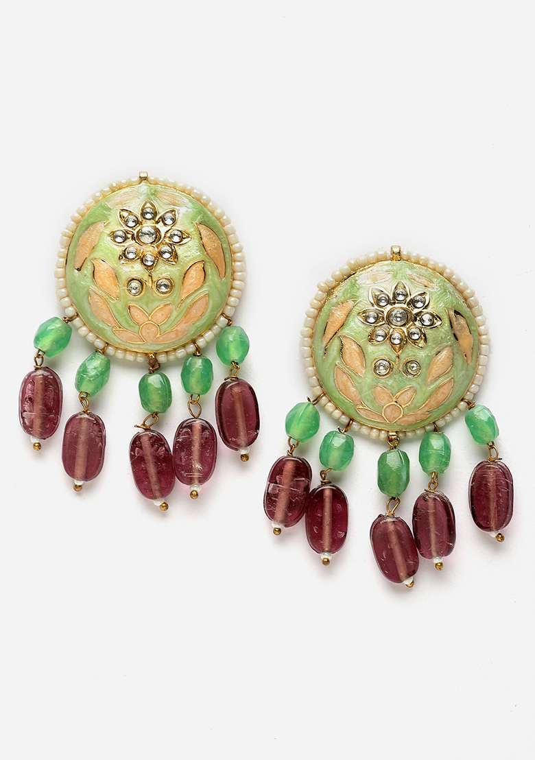 Green And Peach Gold Plated Kundan Pearl Drop Earrings - Indya