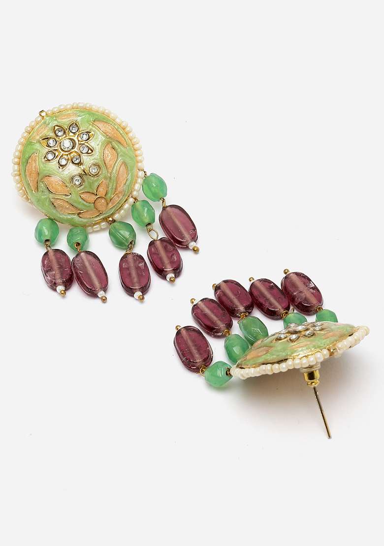 Green And Peach Gold Plated Kundan Pearl Drop Earrings - Indya