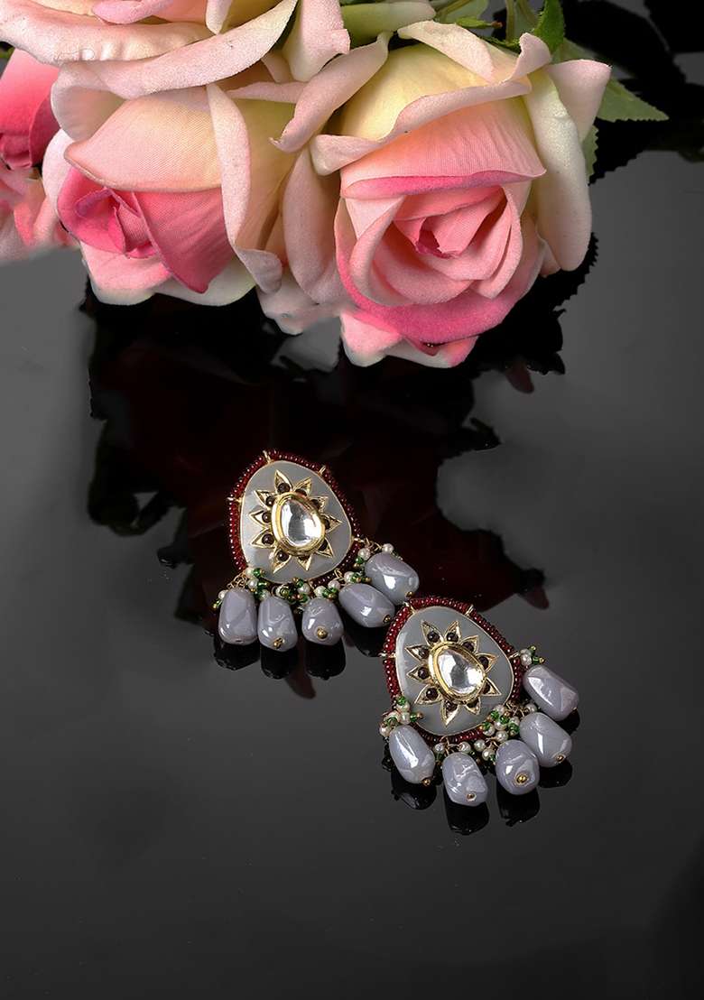 Grey And Red Gold Plated Kundan Pearl Drop Earrings - Indya