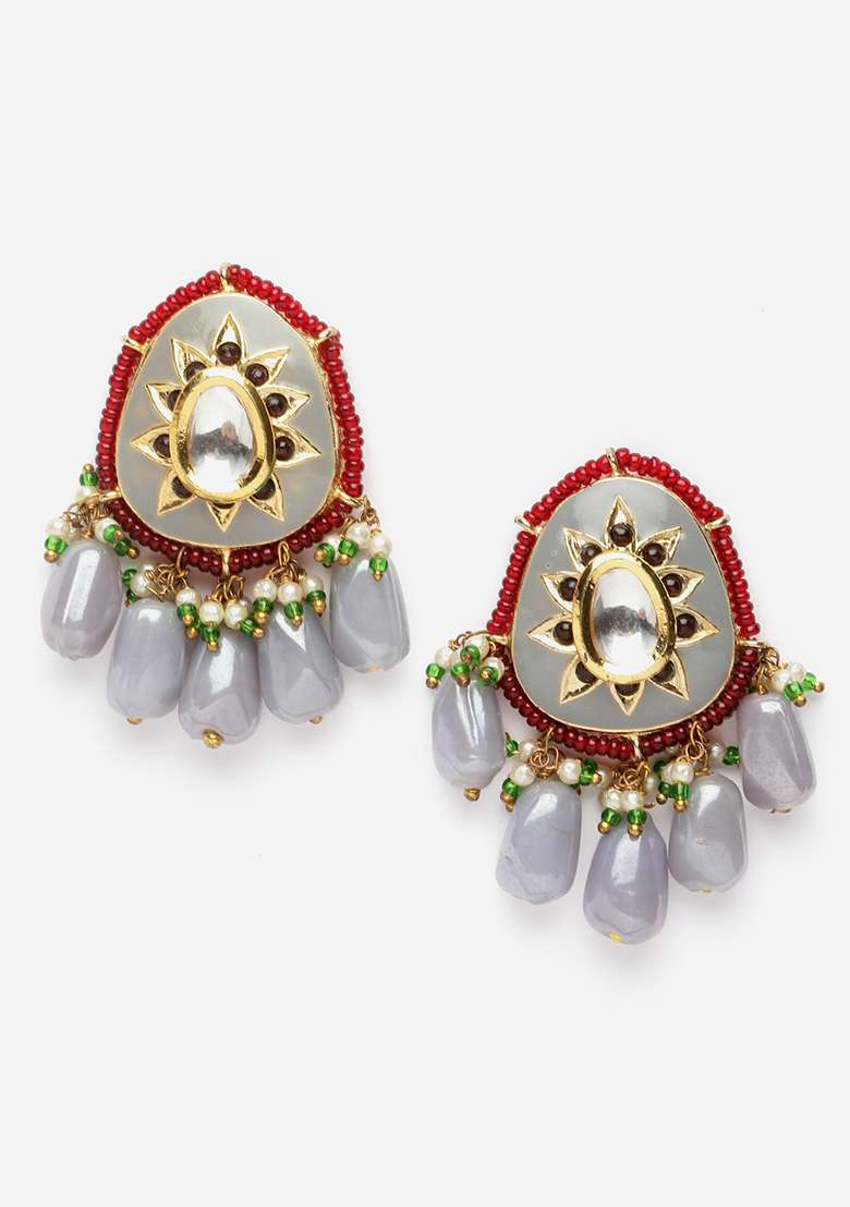 Grey And Red Gold Plated Kundan Pearl Drop Earrings - Indya
