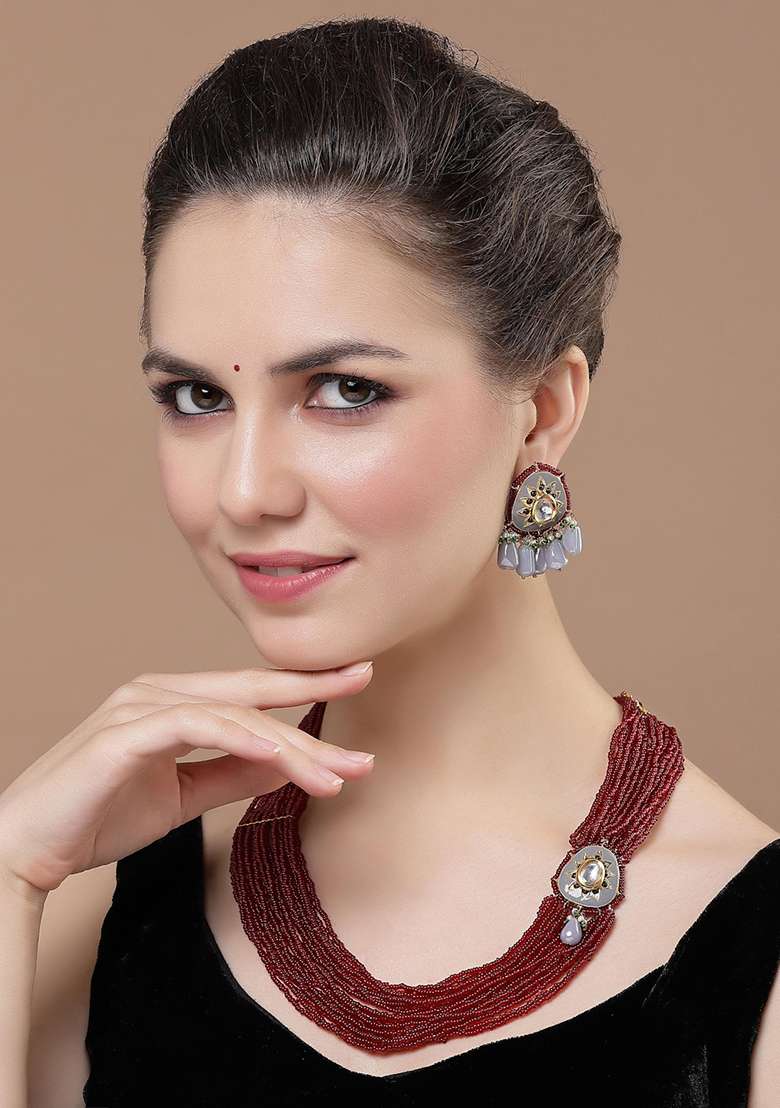 Grey And Red Gold Plated Kundan Pearl Drop Earrings - Indya