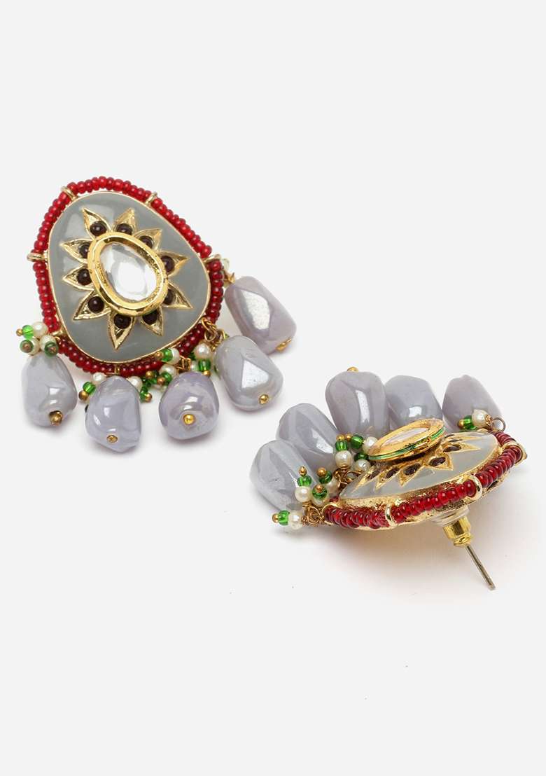 Grey And Red Gold Plated Kundan Pearl Drop Earrings - Indya