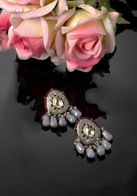 Grey And Red Gold Plated Kundan Pearl Drop Earrings