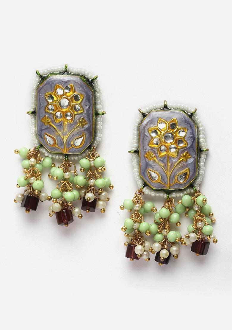 Blue And Green Gold Plated Kundan Pearl Drop Earrings - Indya