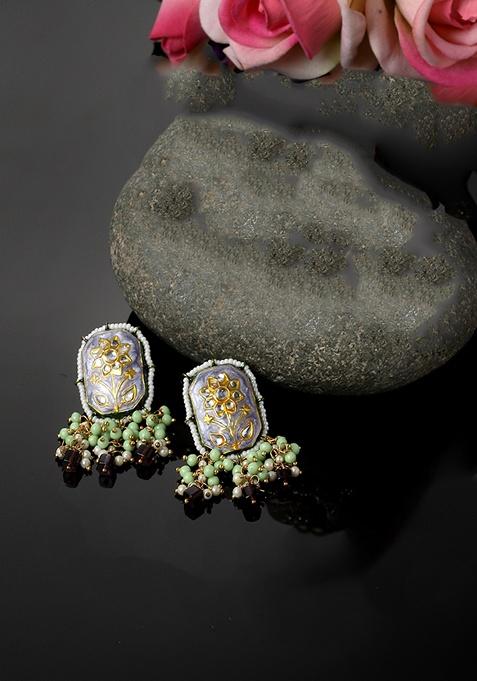 Blue And Green Gold Plated Kundan Pearl Drop Earrings