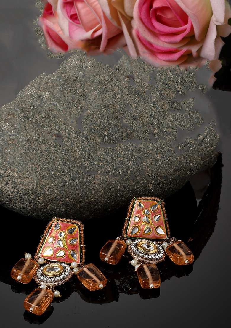 Orange Gold Plated Kundan American Diamond Drop Earrings - Indya