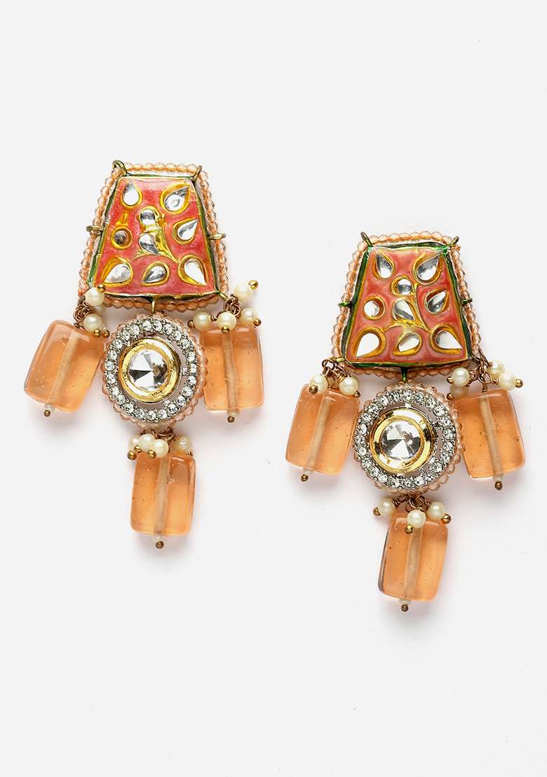 Orange Gold Plated Kundan American Diamond Drop Earrings - Indya