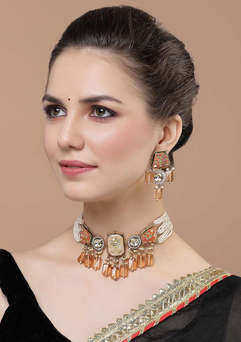 Orange Gold Plated Kundan American Diamond Drop Earrings - Indya