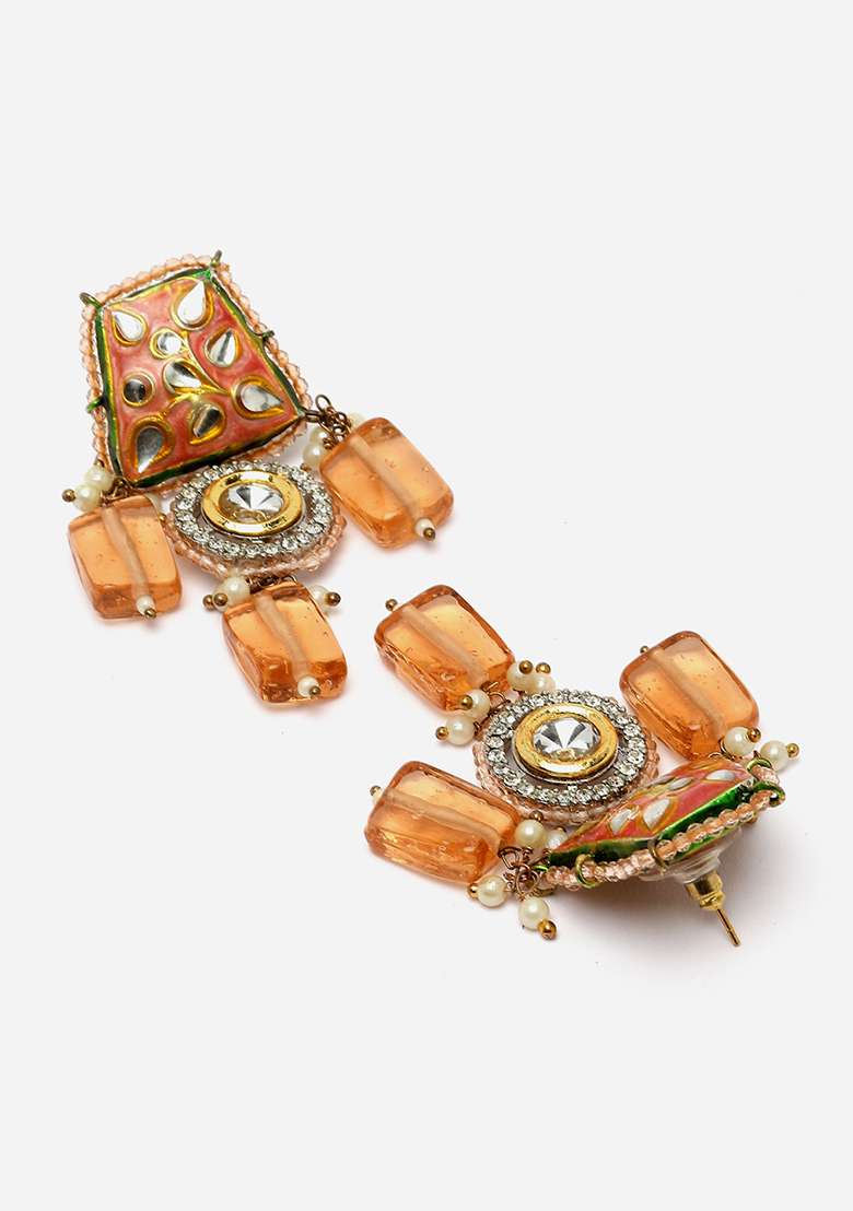 Orange Gold Plated Kundan American Diamond Drop Earrings - Indya