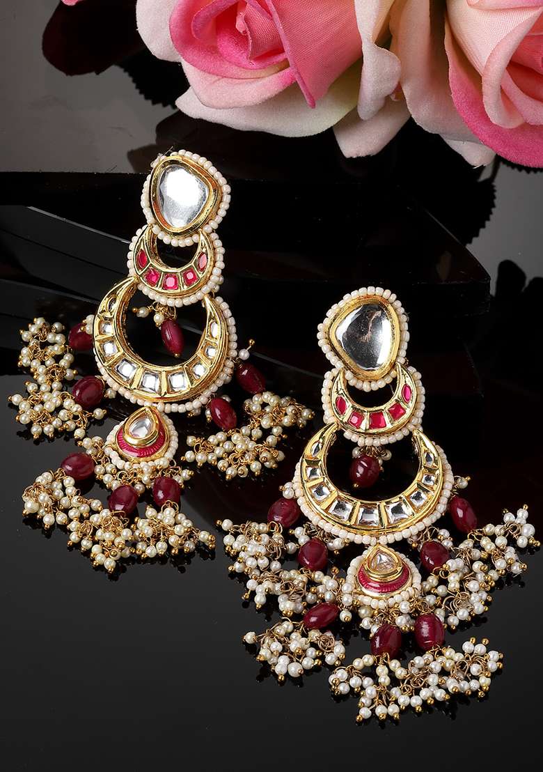 Pink Gold Plated Kundan Pearl Drop Earrings - Indya