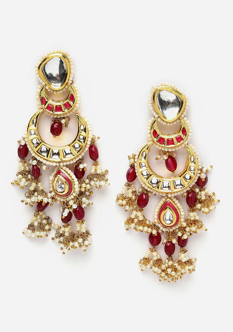 Pink Gold Plated Kundan Pearl Drop Earrings - Indya