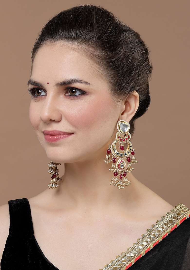 Pink Gold Plated Kundan Pearl Drop Earrings - Indya