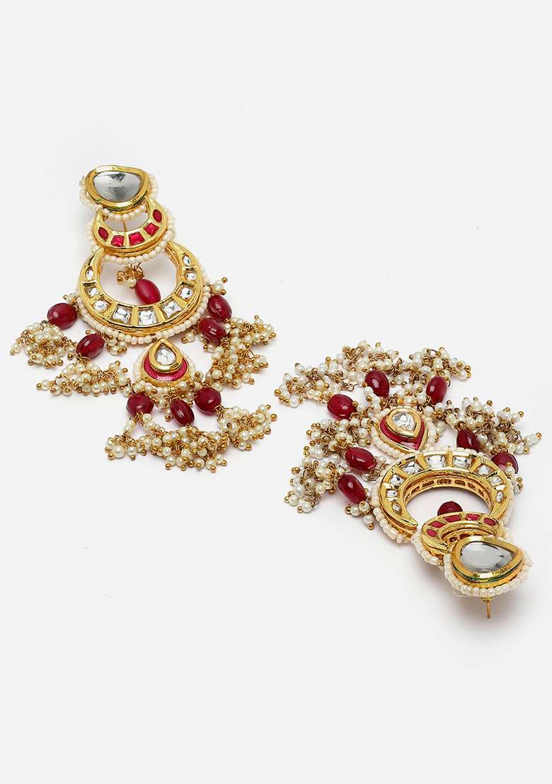 Pink Gold Plated Kundan Pearl Drop Earrings - Indya