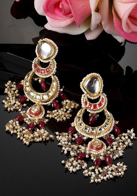 Pink Gold Plated Kundan Pearl Drop Earrings