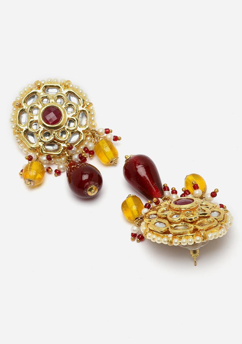 Maroon And Yellow Gold Plated Kundan Pearl Drop Earrings - Indya