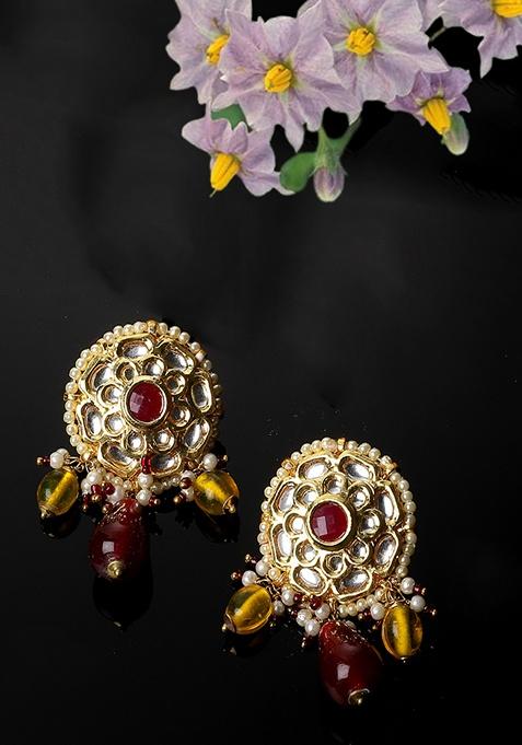 Maroon And Yellow Gold Plated Kundan Pearl Drop Earrings