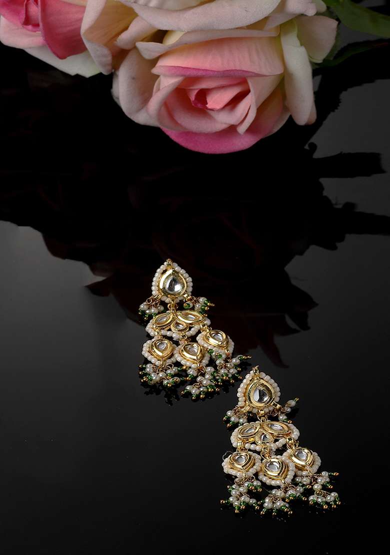Green Gold Plated Kundan Pearl Drop Earrings - Indya
