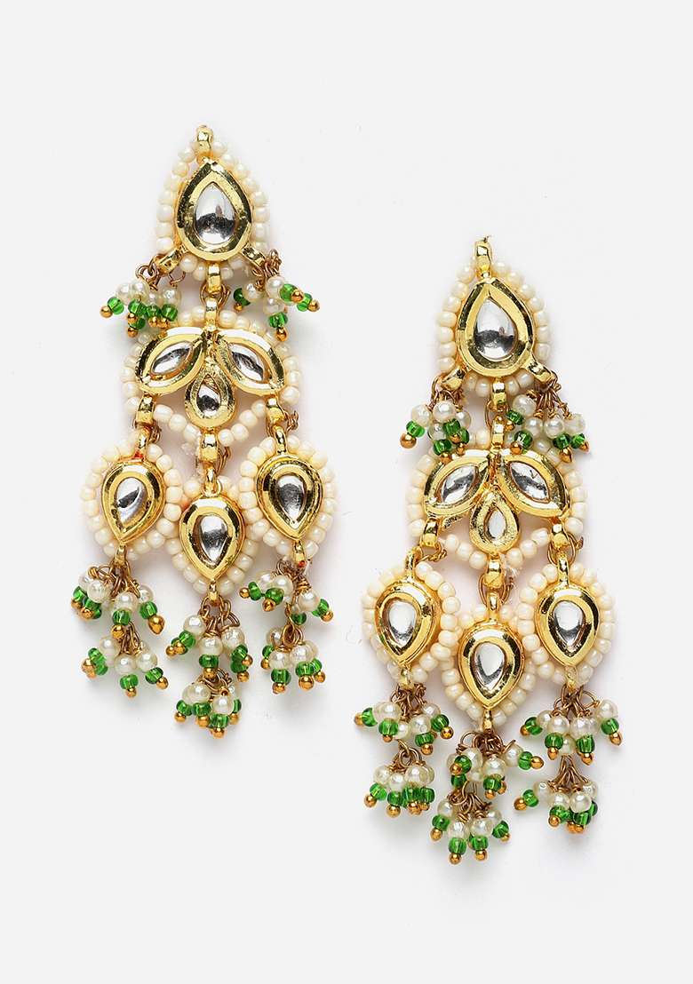Green Gold Plated Kundan Pearl Drop Earrings - Indya