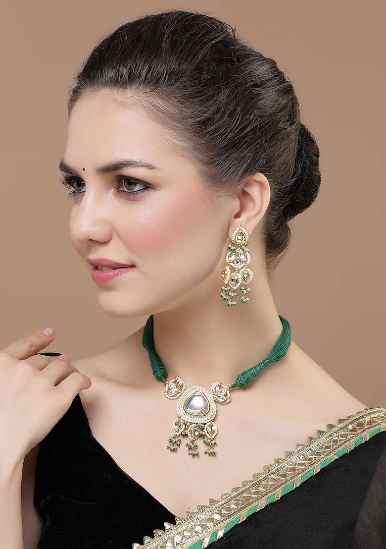 Green Gold Plated Kundan Pearl Drop Earrings - Indya