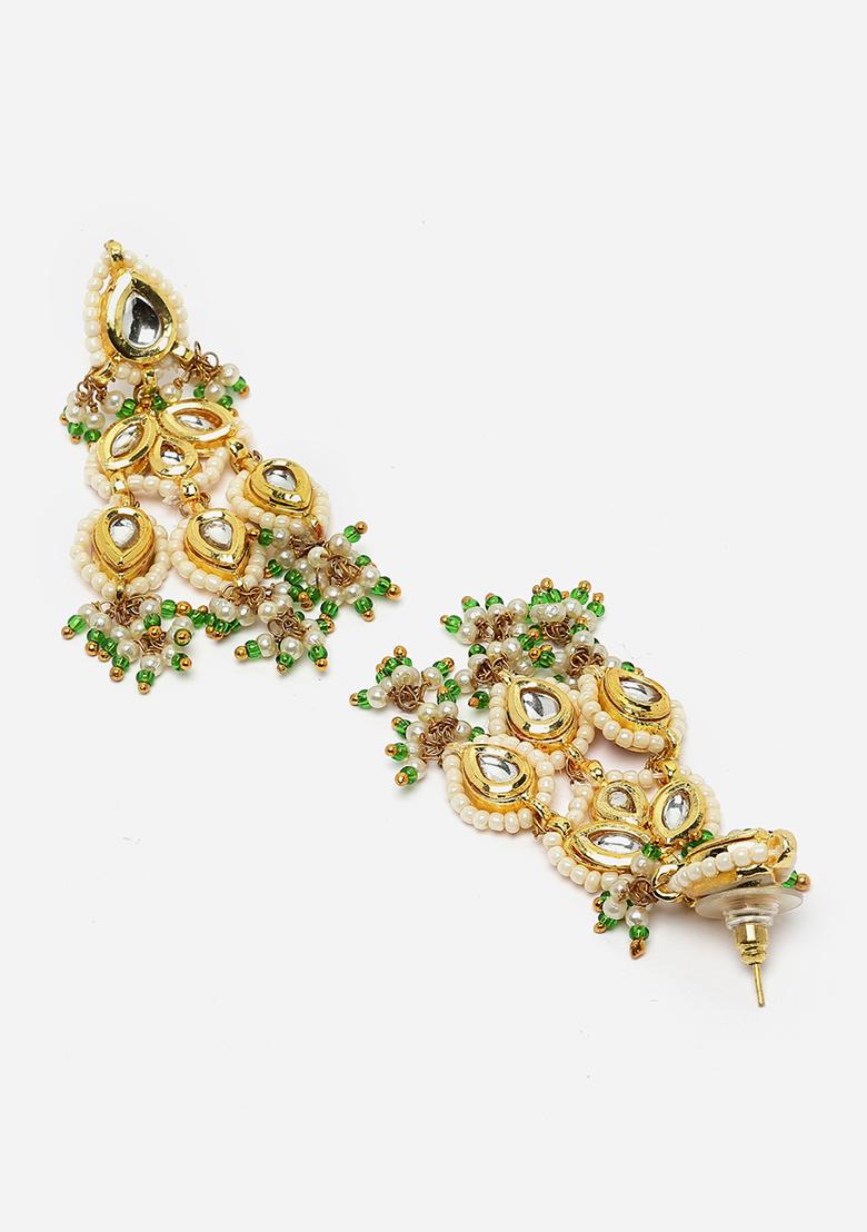 Green Gold Plated Kundan Pearl Drop Earrings - Indya