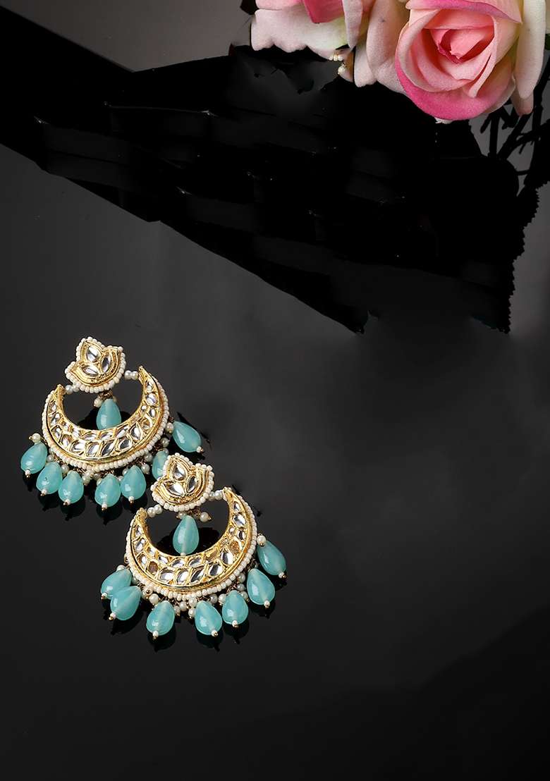Blue Gold Plated Kundan Pearl Drop Earrings - Indya