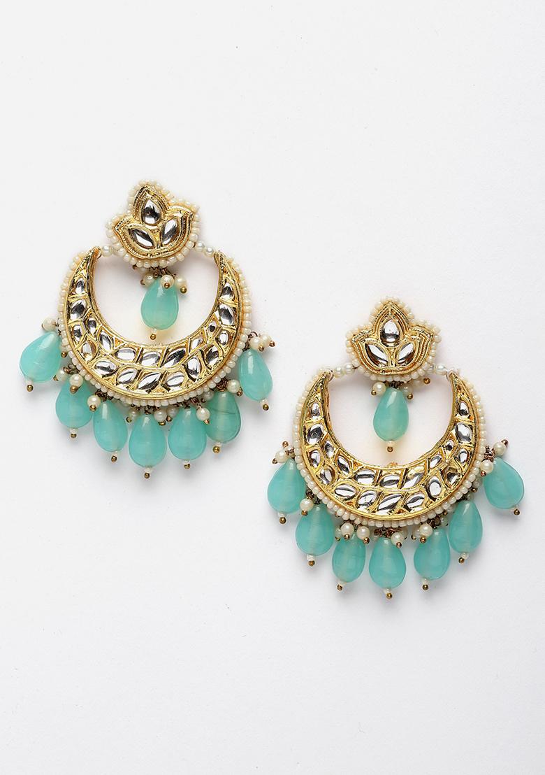 Blue Gold Plated Kundan Pearl Drop Earrings - Indya