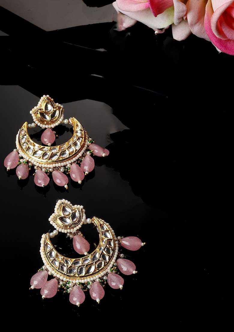 Pink Gold Plated Kundan Pearl Drop Earrings - Indya