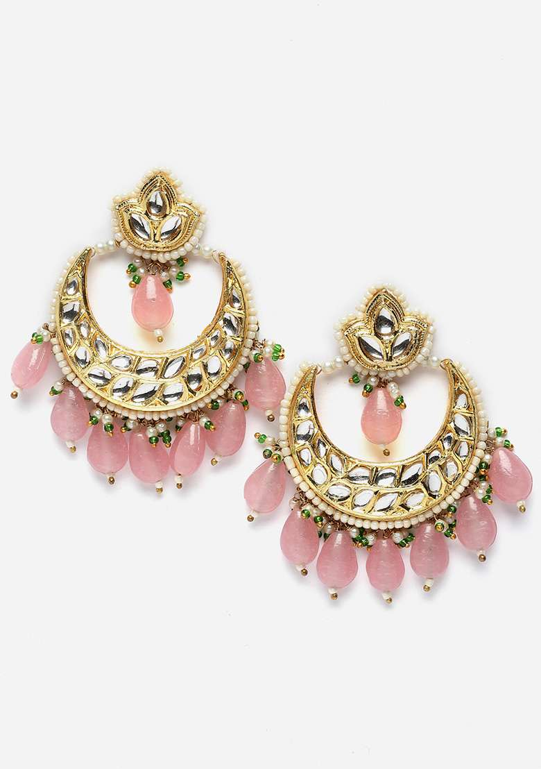 Pink Gold Plated Kundan Pearl Drop Earrings - Indya