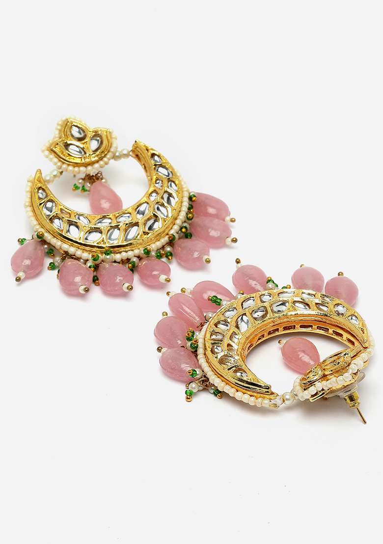 Pink Gold Plated Kundan Pearl Drop Earrings - Indya