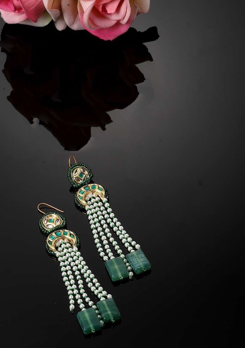 Blue And White Gold Plated Kundan Pearl Drop Earrings - Indya