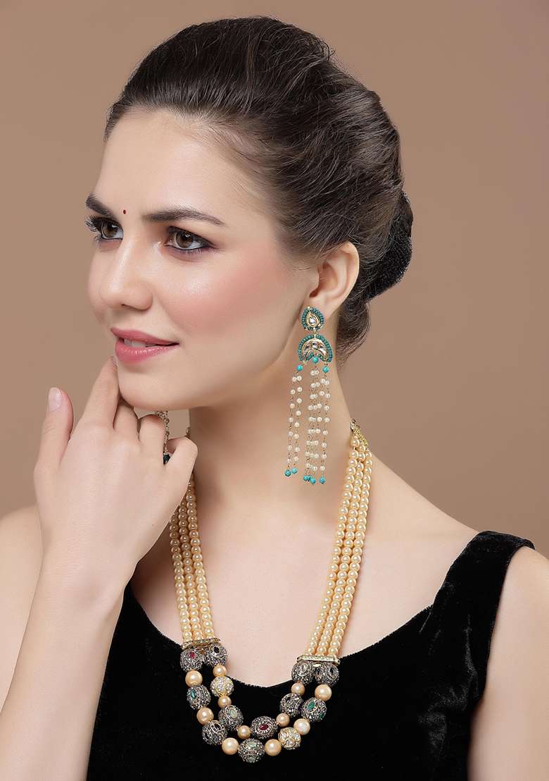 Blue And White Gold Plated Kundan Pearl Drop Earrings - Indya