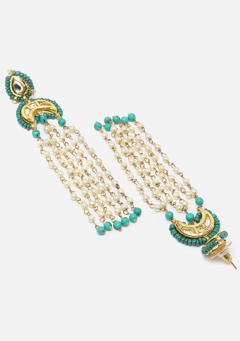 Blue And White Gold Plated Kundan Pearl Drop Earrings - Indya