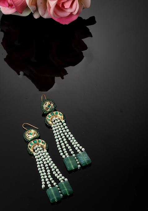 Blue And White Gold Plated Kundan Pearl Drop Earrings