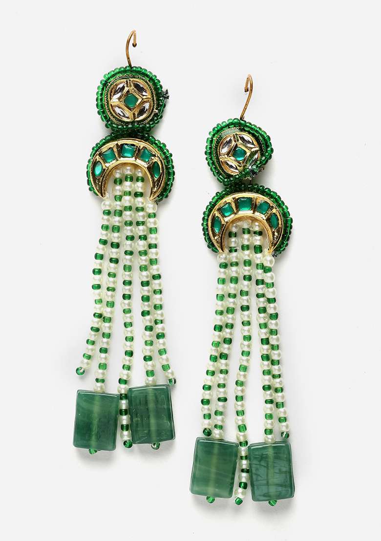 Green And White Gold Plated Kundan Pearl Drop Earrings - Indya