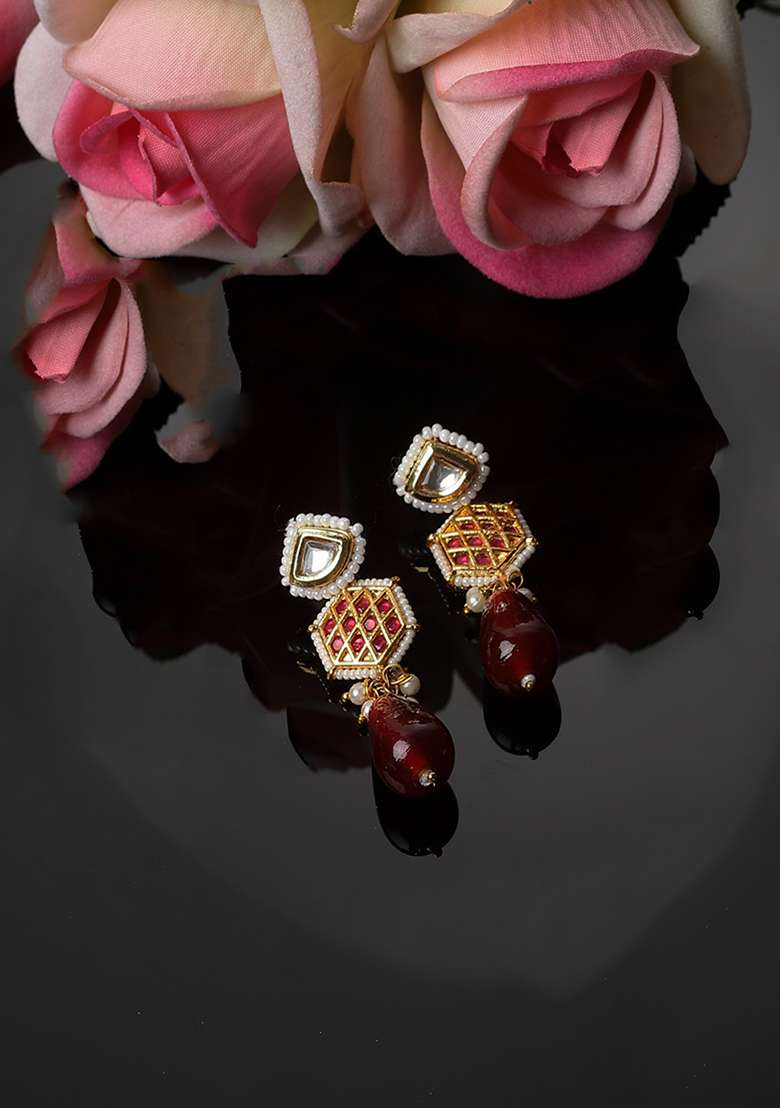 Maroon And Red Gold Plated Kundan Pearl Drop Earrings - Indya