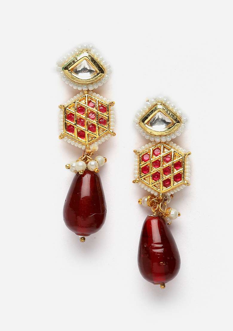 Maroon And Red Gold Plated Kundan Pearl Drop Earrings - Indya