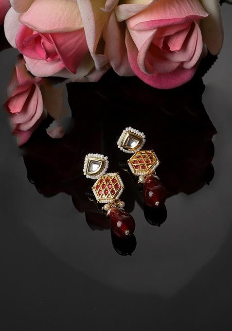 Maroon And Red Gold Plated Kundan Pearl Drop Earrings