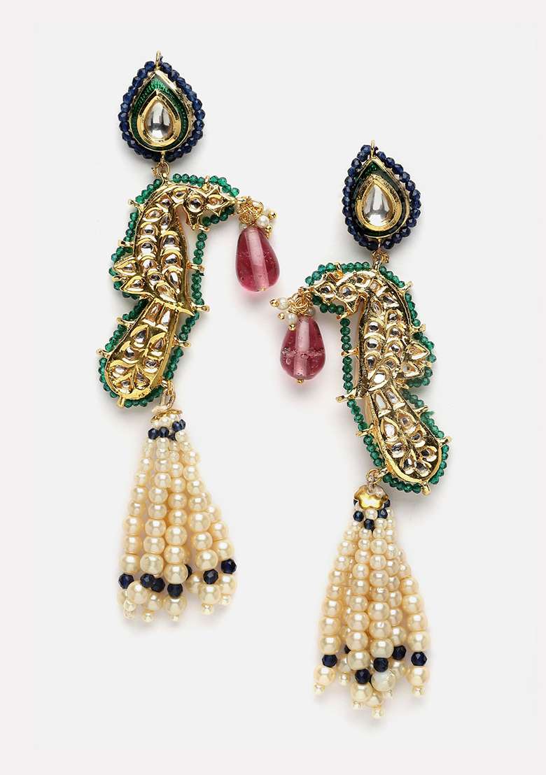 Green And Blue Gold Plated Kundan Pearl Drop Earrings - Indya