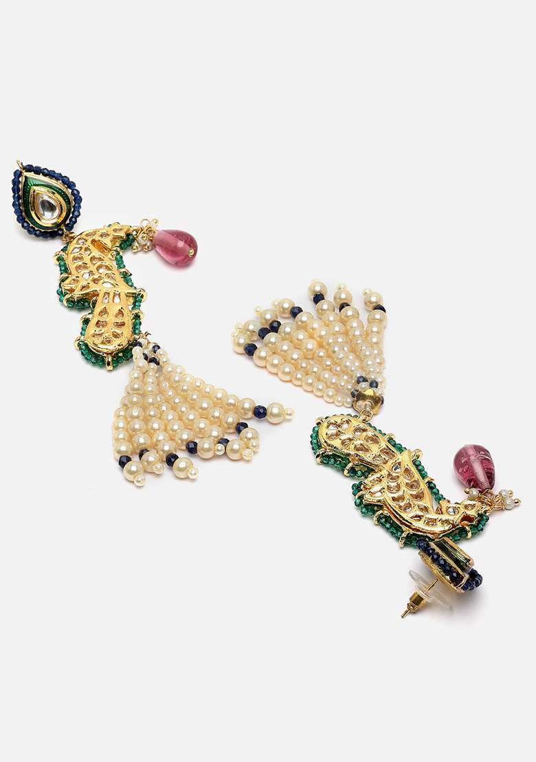 Green And Blue Gold Plated Kundan Pearl Drop Earrings - Indya