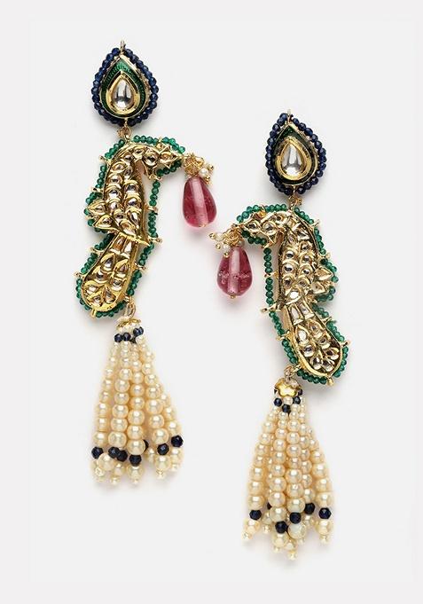 Green And Blue Gold Plated Kundan Pearl Drop Earrings