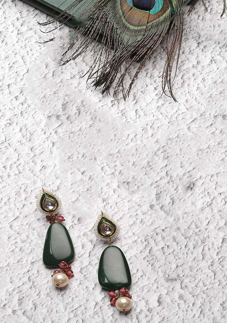 Green And Pink Gold Plated Kundan Pearl Drop Earrings - Indya