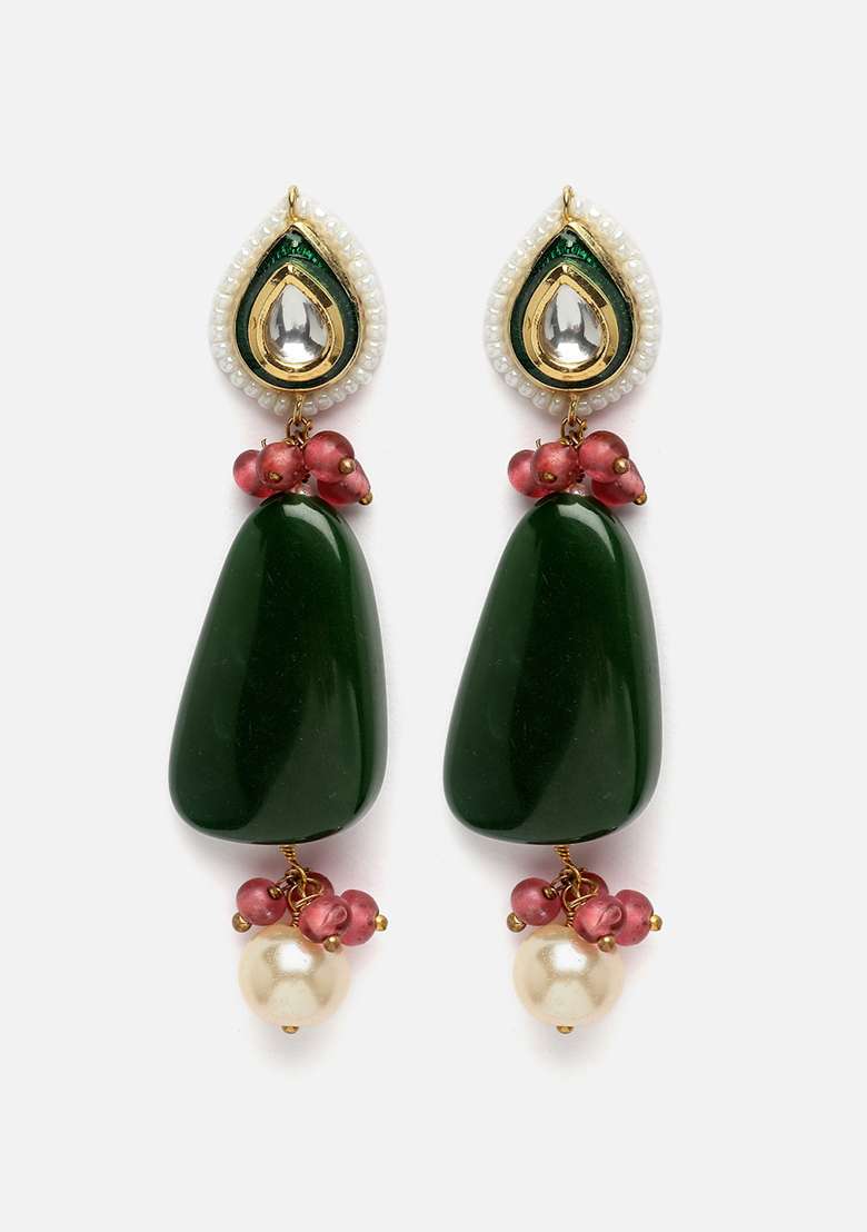 Green And Pink Gold Plated Kundan Pearl Drop Earrings - Indya